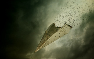 Paper airplane cloudy sky birds - surreal photography free wallpaper for desktop