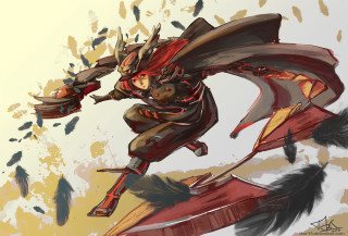 Woman flying feather red cape - a feather free wallpaper