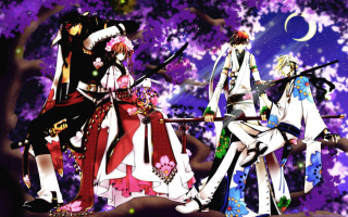 Anime characters bench purple flowers - a bench in front free wallpaper for desktop