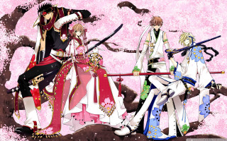 Anime characters group pink background 7 - a tree in the background free wallpaper