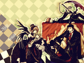 Anime couple checkered floor background - a couple of anime characters sitting next free wallpaper