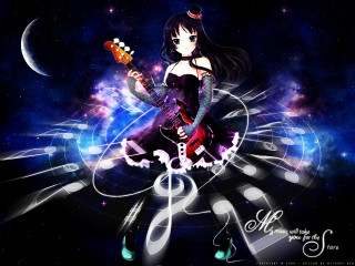 Girl guitar music notes stars - a crescent moon free wallpaper