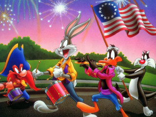 Cartoon drummers fireworks flag rabbit - american realism free wallpaper
