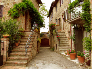 Stone building staircase potted plants - a stone building free wallpaper