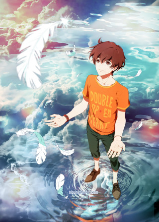 Boy standing water white bird - visual art free wallpaper for mobile