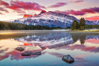 Mountain range reflection lake sunset 11 - a few rock free wallpaper