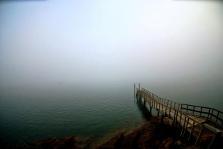 Pier foggy day boat water - the water and a person free wallpaper