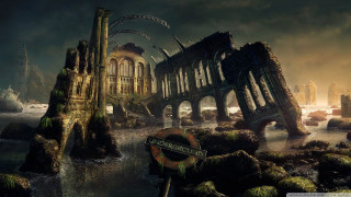 Ruined city painting sign background - a large building in the background free wallpaper for desktop