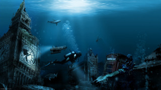 Underwater clocktower shark divers night - fantastic free wallpaper for desktop