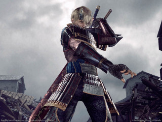 Man armor two swords building - his hand and a building in the background free wallpaper