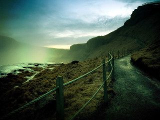 Path cliff ocean mountains fence - in the foreground free wallpaper for desktop