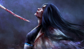 Woman bloody knife looking up - a bloody knife free wallpaper