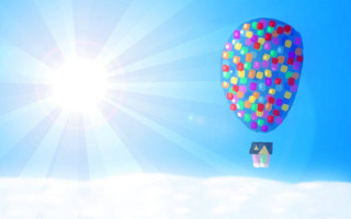 Hot air balloon sun house - volumetric light free wallpaper