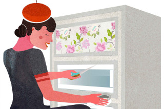 Woman microwave oven cutting food - illustration free wallpaper for desktop