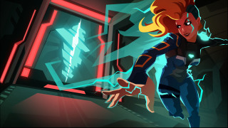 Futuristic woman running tunnel neon - a neon light behind her free wallpaper