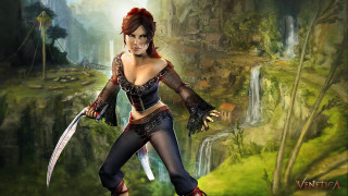 Woman fantasy scene holding sword - a waterfall in the background free wallpaper for desktop