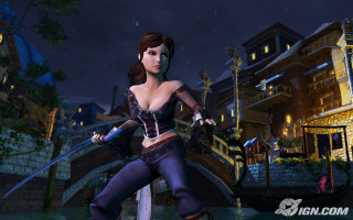 Woman corset sword video game - a bridge and buildings free wallpaper