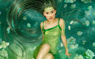Green dress flower water lily - a digital painting of a woman free wallpaper