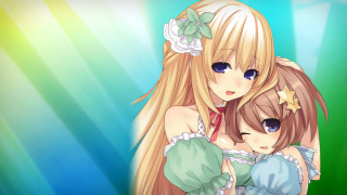 Anime girls hugging green background - a star free wallpaper for desktop