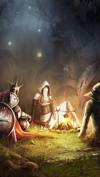 Knights campfire forest night tent - dark fantasy art free wallpaper for mobile