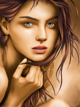 Woman blueeyes brownhair redlips digitalpainting - a digital painting free wallpaper for mobile