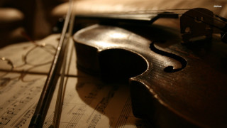 Violin music sheets table glasses - cinematic composition free wallpaper