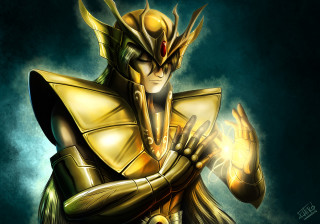 Golden armor man glowing object - a blue background behind free wallpaper