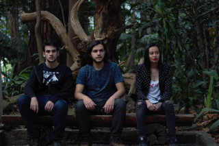 Three people bench forest trees - cubofuturism free wallpaper