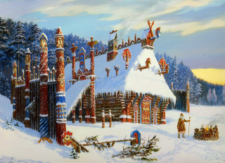 Snowy landscape building people snow - a painting of a snowy landscape free wallpaper