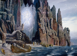 Boat water mountain cave man - carel willink free wallpaper