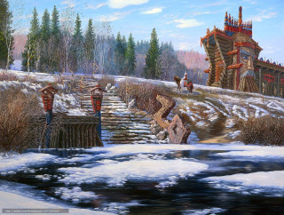 River bridge people walking snow - a painting of a river free wallpaper
