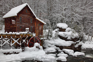 Wooden cabin waterwheel snowy bridge - folk art free wallpaper