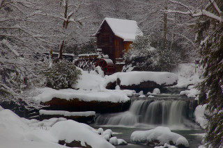 Snowy forest stream cabin watermill - alson s. clark free wallpaper