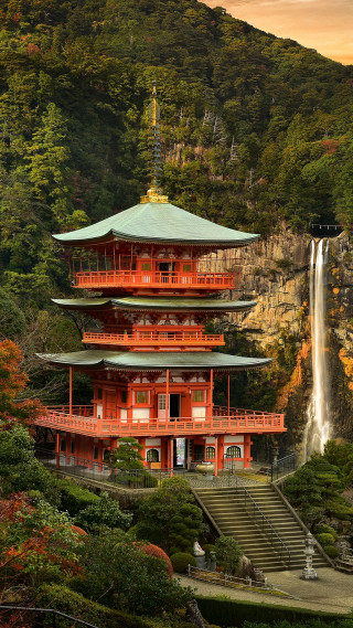 Tall red building waterfall trees - tree and bushes free wallpaper for mobile