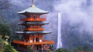 Tall pagoda waterfall fog background 2 - japan eishōsai chōki free wallpaper