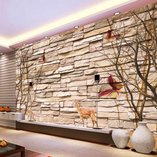 Livingroom stonewall deermural fireplace corner - a living room free wallpaper for tablet