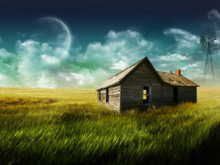 House field windmill clouds sky 3 - a house in a field free wallpaper