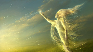 Woman field kite sky clouds 2 - radiant light free wallpaper for desktop