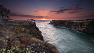 Sunset ocean rocky shore waves 5 - the rock free wallpaper