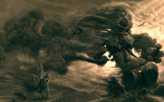 Skeleton field grass bird flying - beksinski free wallpaper