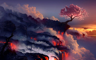 Volcano tree lava flowing painting - lava free wallpaper