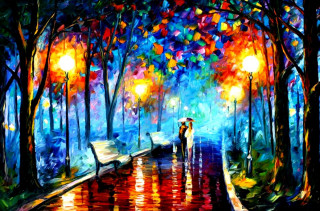 Couple umbrella tree colorful sky - impressionist painting free wallpaper