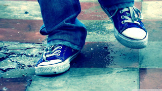 Person blue sneakers sidewalk feet - their foot free wallpaper