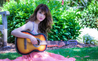 Girl dress guitar garden bench - phuoc quan free wallpaper