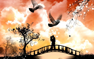 Couple bridge birds sunset clouds 2 - a couple standing free wallpaper
