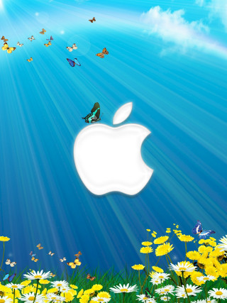 Apple logo daisies butterflies sky - free 3d render wallpaper