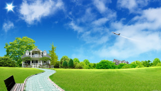 House bench grassy field sky - a grassy field free wallpaper for desktop