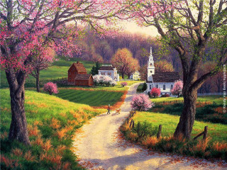 Country road church trees dog - thomas kindkade free wallpaper