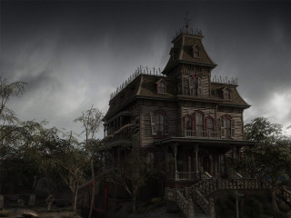 Creepy house clock tower staircase - dark cloud free wallpaper