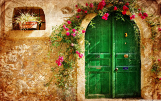 Green door green frame flower - a green door free wallpaper